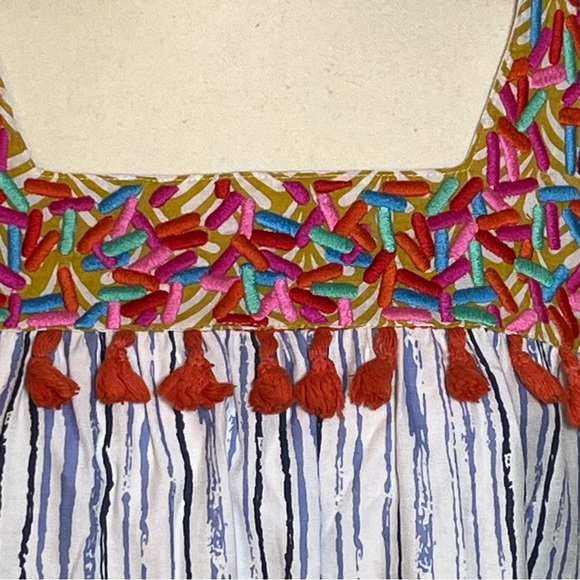 THML Embroidered Tassel Sun Dress Blue White Flutter Sleeves Women’s Size Small - Picture 5 of 10